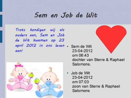 Sam en Job de Wit geboorte